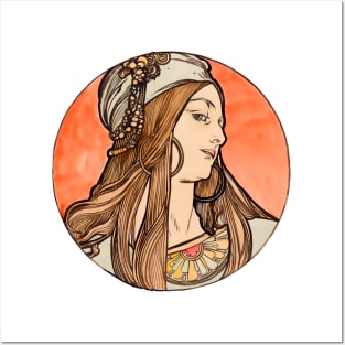 Art Nouveau, decour illustration, retro with colorful vintage gypsy woman  design Posters and Art